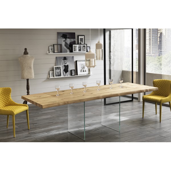 VOLARE tölgyfa dekor bővíthető design étkezőasztal üveg lábakkal