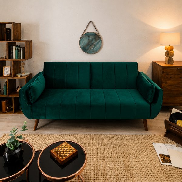VELVETTA bársony kanapéágy 215 cm – smaragdzöld