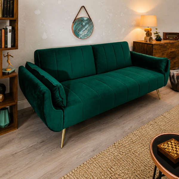 VELVETTA bársony kanapéágy 215 cm – zöld/ arany