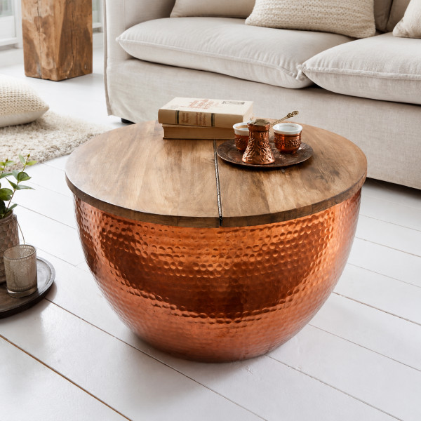 DRUM tárolós dohányzóasztal 60 cm – natúr / réz