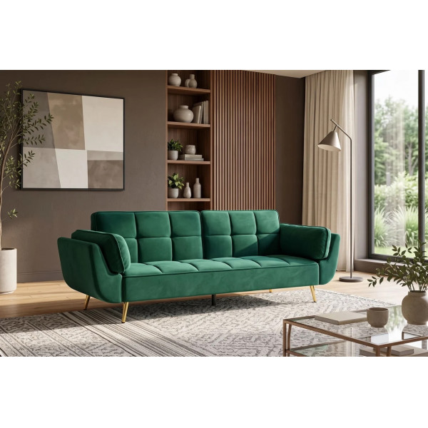 GLAM bársony kanapéágy 214 cm – smaragdzöld / arany