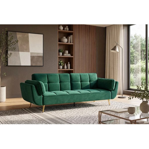 GLAM bársony kanapéágy 214 cm – smaragdzöld / arany