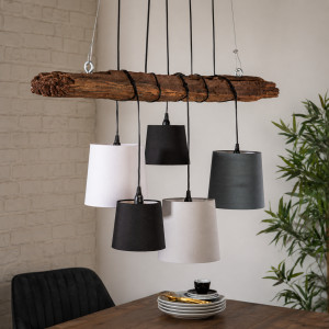 DRIFT modern 5 ágú fa függőlámpa 115 cm – natúr / fekete / szürke / fehér INVICTA