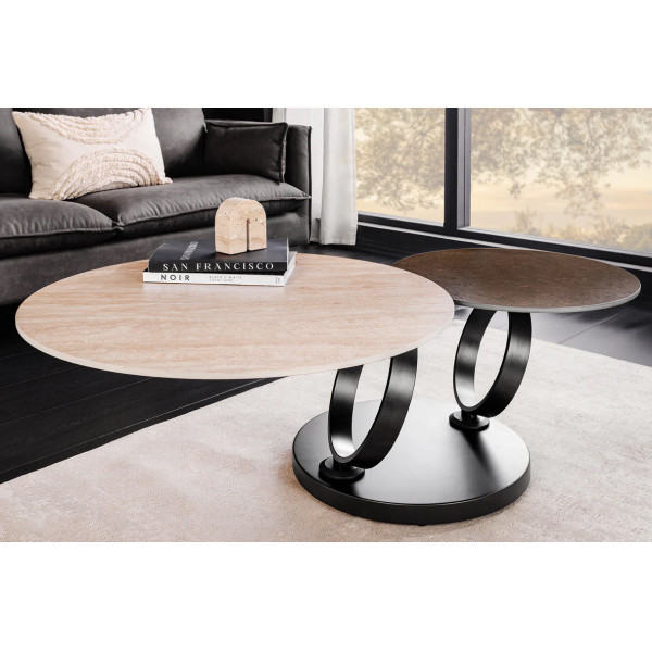 DANCING RINGS exkluzív kerámia dohányzóasztal - travertin/rozsda