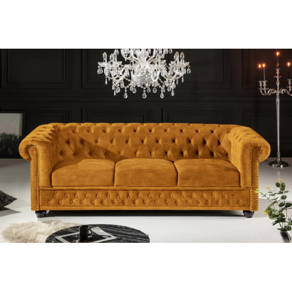 CHESTERFIELD design bársony kanapé - 205cm - mustár