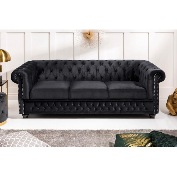 CHESTERFIELD design bársony kanapé - 205cm - fekete CHESTERFIELD design bársony kanapé - 205cm - fekete