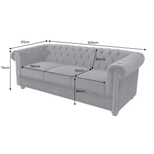 CHESTERFIELD design bársony kanapé - 205cm - fekete