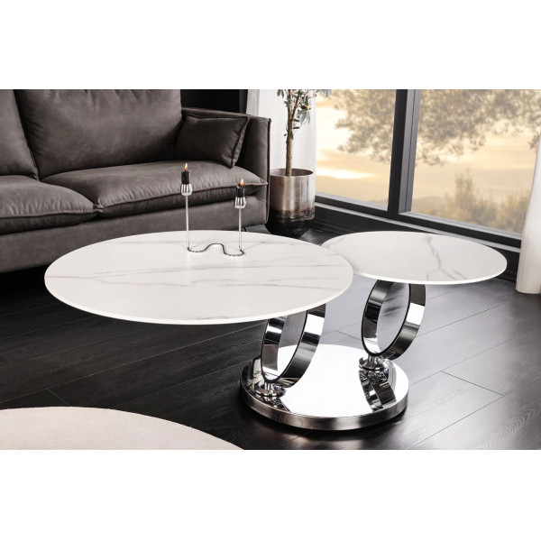 DANCING RINGS exkluzív kerámia dohányzóasztal - fehér/króm