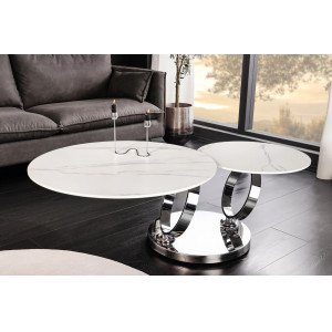 DANCING RINGS exkluzív kerámia dohányzóasztal - fehér/króm INVICTA