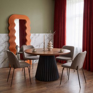 LORVIK modern kerek étkezőasztal 130 cm – dió / fekete Fix étkezőasztalok