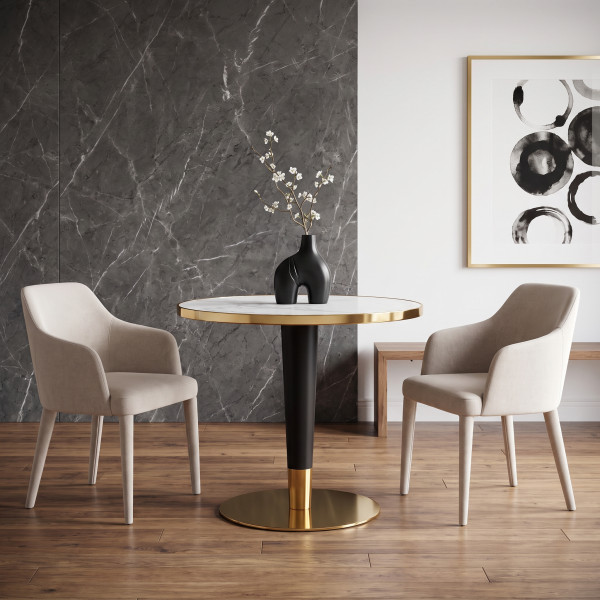 CALABRIA kerek étkezőasztal 79 cm – fehér márványhatás / fekete / arany