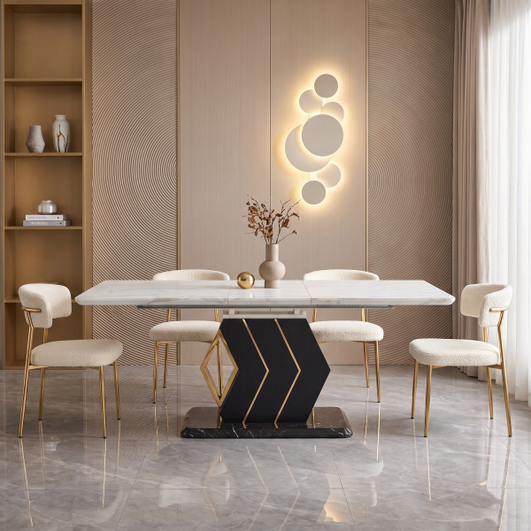 LUCENTE bővíthető étkezőasztal 160–200 cm – fehér márvány / fekete–arany