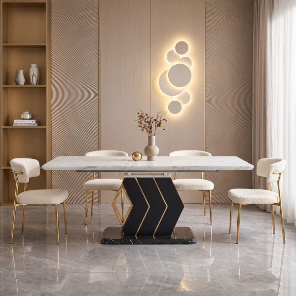 LUCENTE bővíthető étkezőasztal 160–200 cm – fehér márvány / fekete–arany