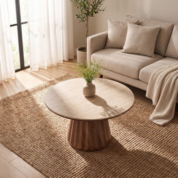 DORIAN modern kerek dohányzóasztal – travertin / dió - 80cm