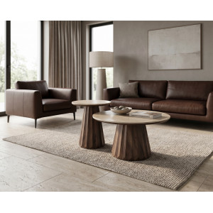 DORIAN modern kerek dohányzóasztal – travertin / dió - 80cm