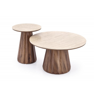 DORIAN modern kerek dohányzóasztal – travertin / dió - 80cm