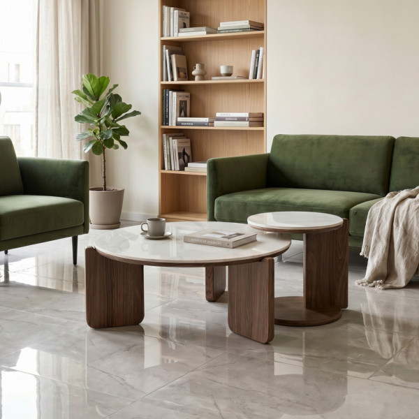 DUNE modern dohányzóasztal szett – márvány / dió - 80/41cm