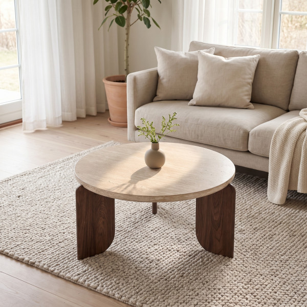 MONTFORD modern dohányzóasztal – travertin / dió - 80cm