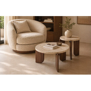 MONTFORD modern dohányzóasztal – travertin / dió - 80cm