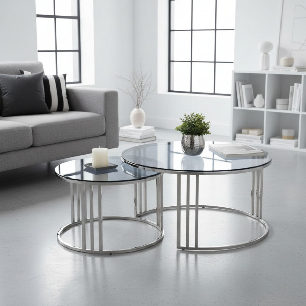 MERIDIAN modern 2 részes dohányzóasztal szett – füstüveg / króm - 80/60cm