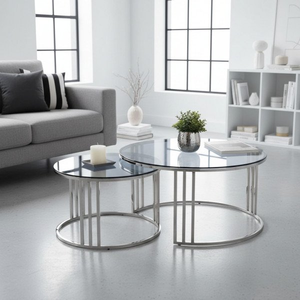 MERIDIAN modern 2 részes dohányzóasztal szett – füstüveg / króm - 80/60cm
