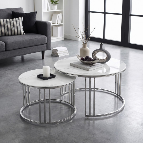 MERIDIAN modern 2 részes dohányzóasztal szett – fehér márvány / ezüst - 80/60cm