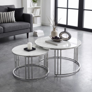 MERIDIAN modern 2 részes dohányzóasztal szett – fehér márvány / ezüst - 80/60cm HALMAR