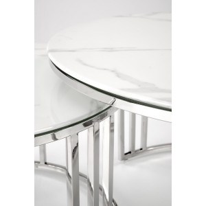 MERIDIAN modern 2 részes dohányzóasztal szett – fehér márvány / ezüst - 80/60cm