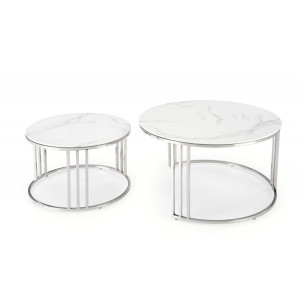 MERIDIAN modern 2 részes dohányzóasztal szett – fehér márvány / ezüst - 80/60cm