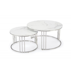 MERIDIAN modern 2 részes dohányzóasztal szett – fehér márvány / ezüst - 80/60cm