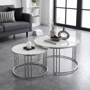 MERIDIAN modern 2 részes dohányzóasztal szett – fehér márvány / ezüst - 80/60cm HALMAR