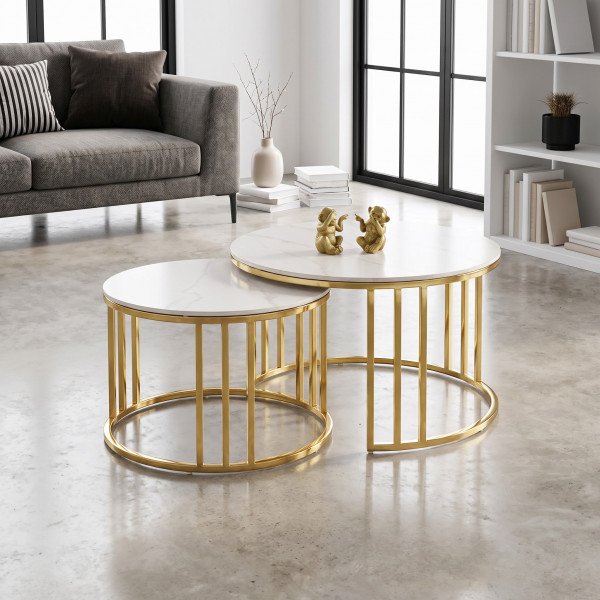MERIDIAN modern 2 részes dohányzóasztal szett – fehér márvány / arany - 80/60cm
