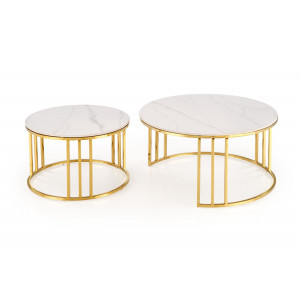 MERIDIAN modern 2 részes dohányzóasztal szett – fehér márvány / arany - 80/60cm