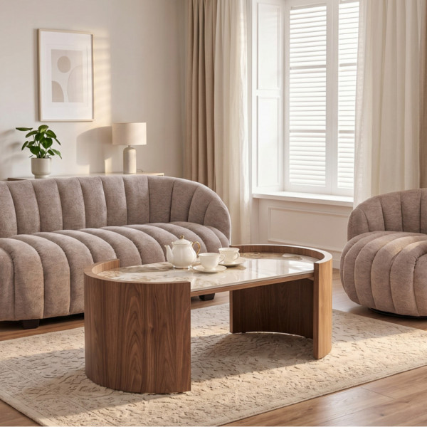 NIXON modern ovális dohányzóasztal – bézs márvány /  dió -121cm