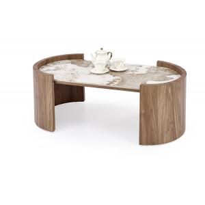 NIXON modern ovális dohányzóasztal – bézs márvány /  dió -121cm