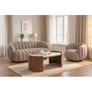 NIXON modern ovális dohányzóasztal – bézs márvány /  dió -121cm