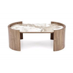 NIXON modern ovális dohányzóasztal – bézs márvány /  dió -121cm