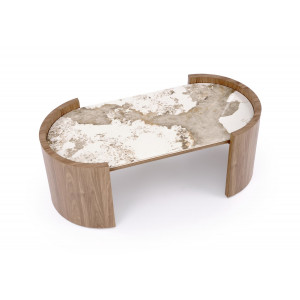 NIXON modern ovális dohányzóasztal – bézs márvány /  dió -121cm