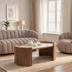 NIXON modern ovális dohányzóasztal – bézs márvány /  dió -121cm HALMAR