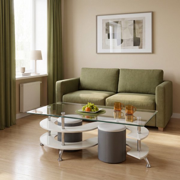 NOLAN modern dohányzóasztal 2 puffal – szürke - 130cm