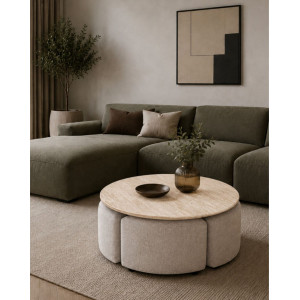 NASH modern dohányzóasztal 4 puffal – travertin / szürke - 80cm