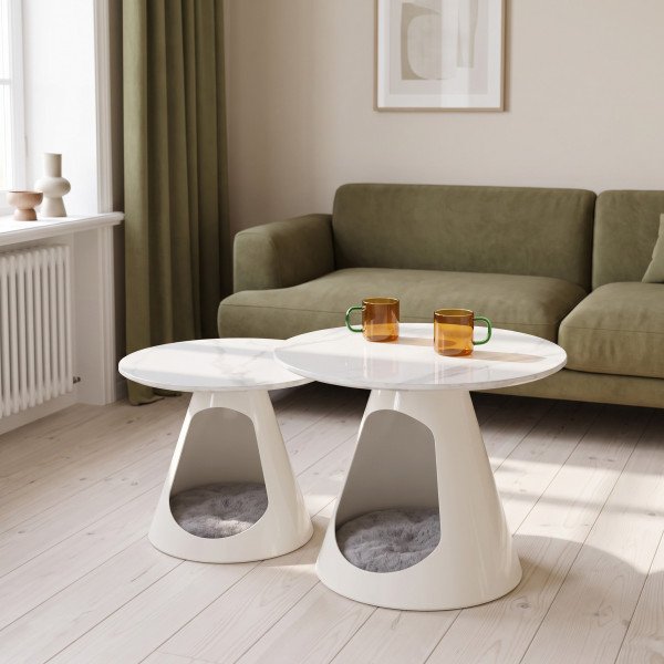 NORVELL modern 2 részes dohányzóasztal szett – fehér márvány / fehér - 60/50cm
