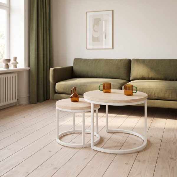 NORA modern 2 részes dohányzóasztal szett – travertin / fehér - 53/43cm