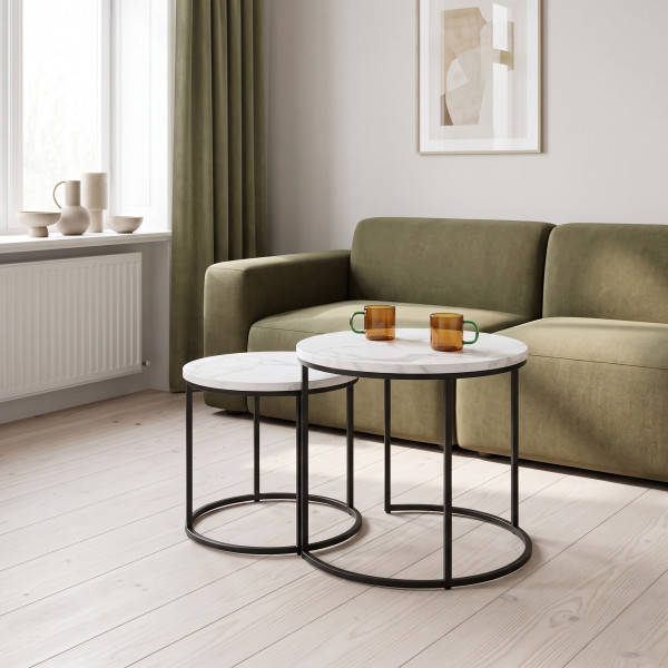 NORA modern 2 részes dohányzóasztal szett – fehér márvány / fekete - 53/43cm