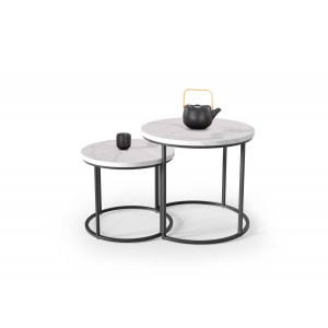 NORA modern 2 részes dohányzóasztal szett – fehér márvány / fekete - 53/43cm