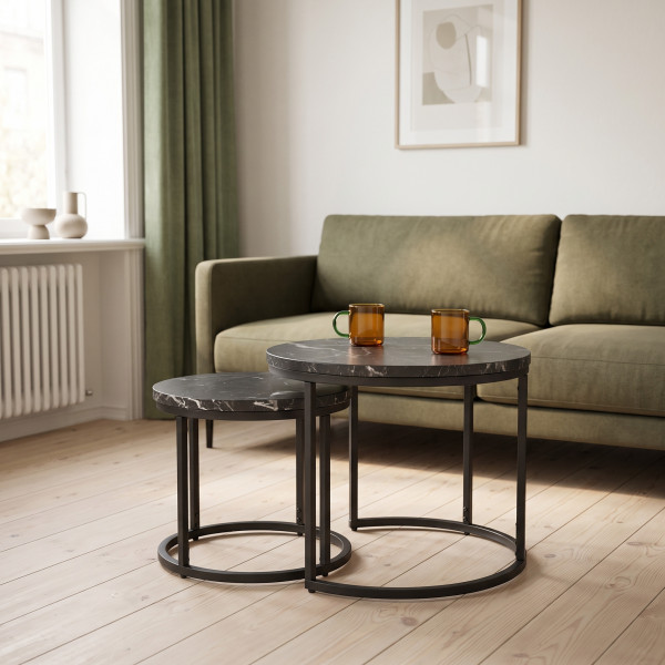 NORA modern 2 részes dohányzóasztal szett – fekete márvány / fekete - 53/43cm