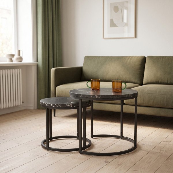 NORA modern 2 részes dohányzóasztal szett – fekete márvány / fekete - 53/43cm