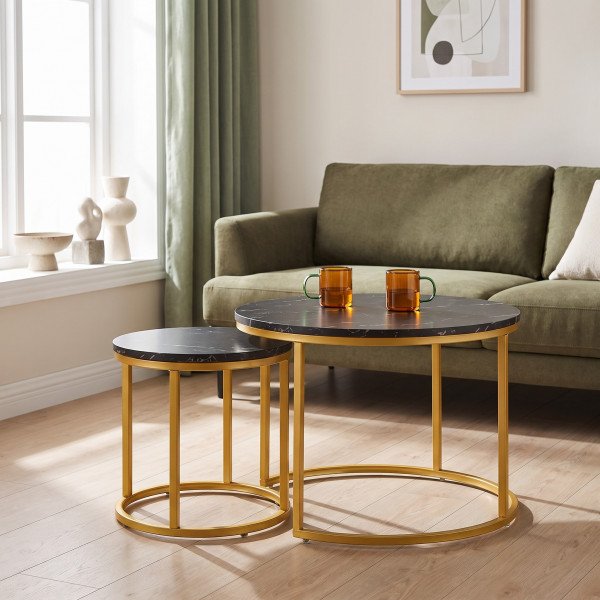 PALMER modern 2 részes dohányzóasztal szett – fekete márvány / arany - 60/38cm