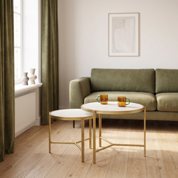 FOSTER modern dohányzóasztal szett – fehér márvány / arany - 63/48cm