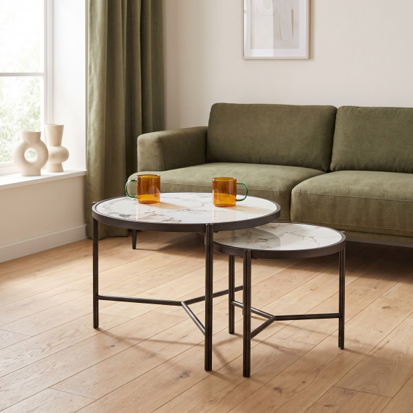 FOSTER modern 2 részes dohányzóasztal szett – fehér márvány / fekete - 63/48cm